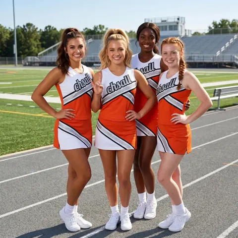 All Star Orange White Cheer Dress CHSALL Logo with Silver Accents for High School Spirit Team