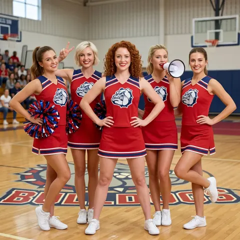 Team Red Blue Bulldogs Cheerleading Uniform Set with Mascot for Competitive Cheer Performances