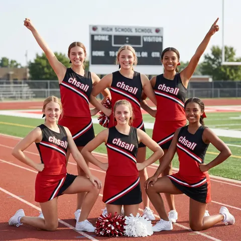 Game Day VarsityRed Black Cheer Outfit Sleeveless Top and Skirt with Matching Pom Poms