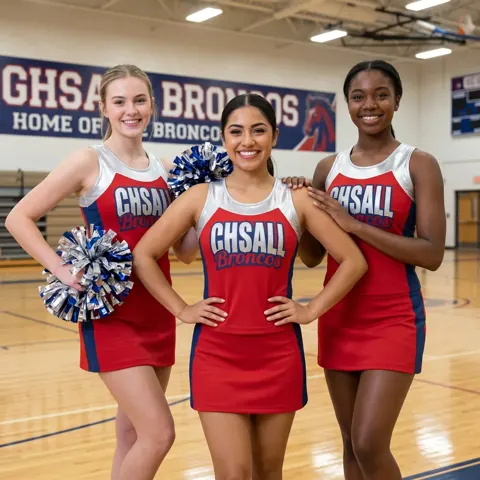 Cheer Team Uniform | Red Silver Sleeveless Cheerleading Outfit with Matching Pom Poms