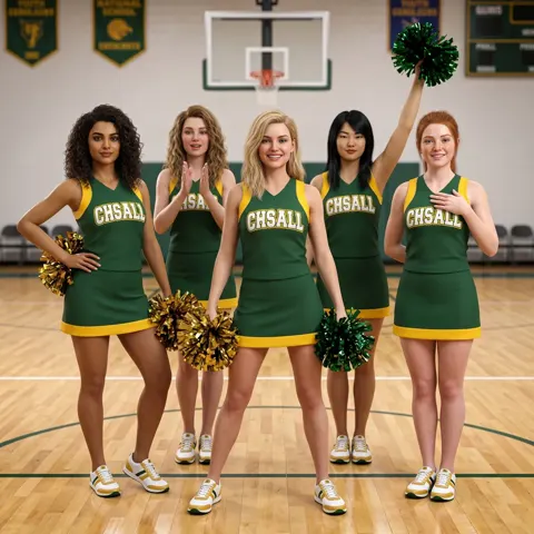 Women's Green Yellow Cheerleading Dress with CHSALL Logo for High School Basketball Spirit Games