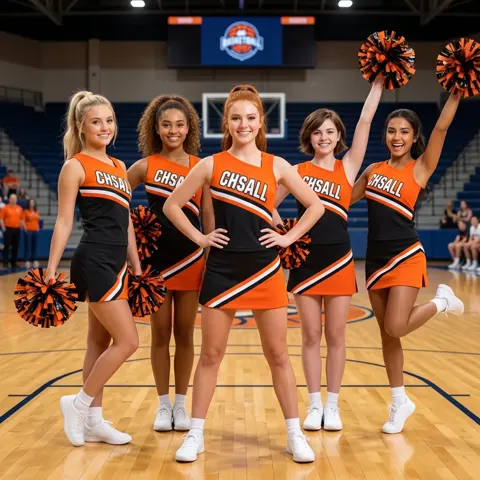 Youth Orange Black Cheerleading Outfit with Matching Pom Poms for Basketball Spirit Competitions