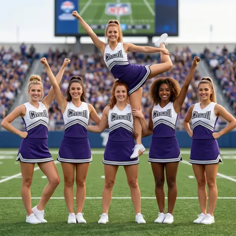 Customizable Sleeveless White Purple Cheer Outfit for Football Pep Rally & Cheerleading