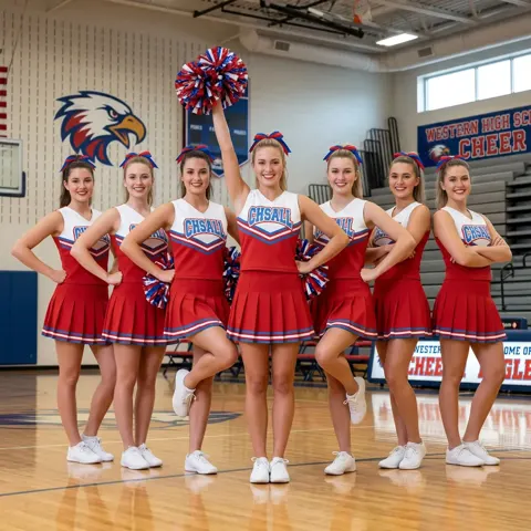 Red White Blue Cheerleading Uniform CHSALL Logo for High School Basketball Games for Pep Rally