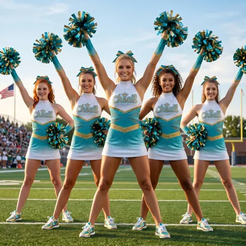 High Neck Teal Teal White Cheerleading Dress with Gold Trim and Crown Logo for Stage