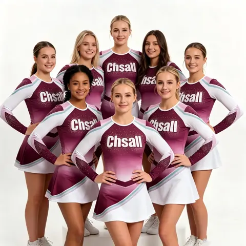 Long Sleeve Maroon Ombre Cheerleading Costume with White Trim and Sparkle Rhinestones for High School Spirit Team