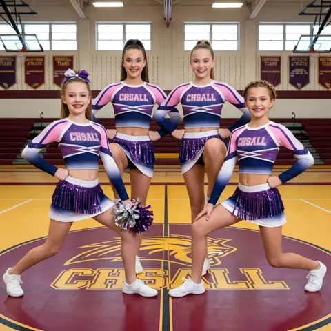 Ombre Purple Pink Cheerleading Set with Fringe Skirt and Cropped Long Sleeves Basketball Halftime