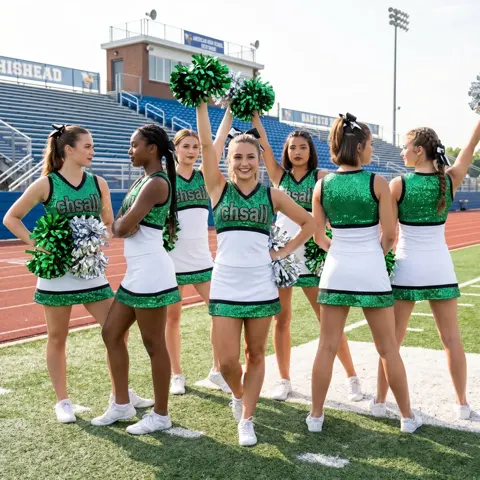 Sequin Green White Cheerleading Uniform with Sleeveless V-Neck for Game Day Football Spirit Team