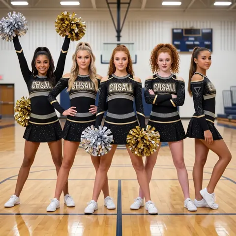 Glam Cheerleading Outfit with Long Sleeves and Gold Trim Perfect for High School Game Day Performances