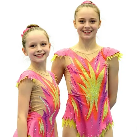Kids Competition Gymnastics Leotard Pink Yellow Flame Rhinestone Cap Sleeve Spandex Polyester Training Wear