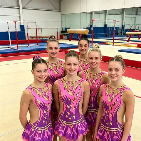Kids Gymnastics Costume with Pink Purple Flame Pattern and Crystal Embellishments for Recitals