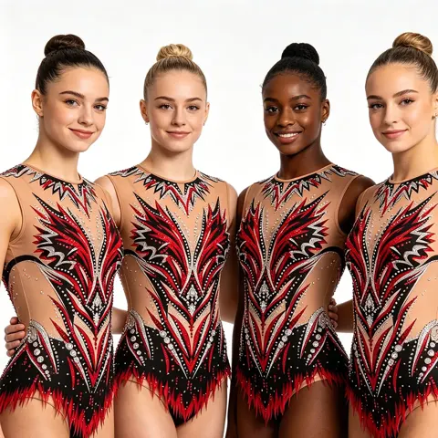Sleeveless Red Black Flame Gymnastics Leotard with Sheer Nude Mesh and Fringe Hem for Cheer Competitions