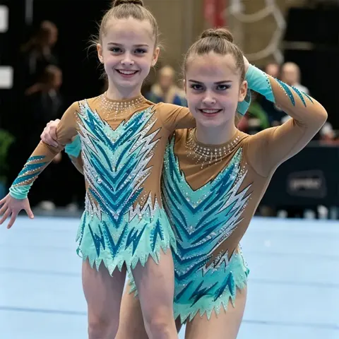 Teal Turquoise Flame Rhinestone Gymnastics Leotard with Nude Mesh Base for Elite Competitions