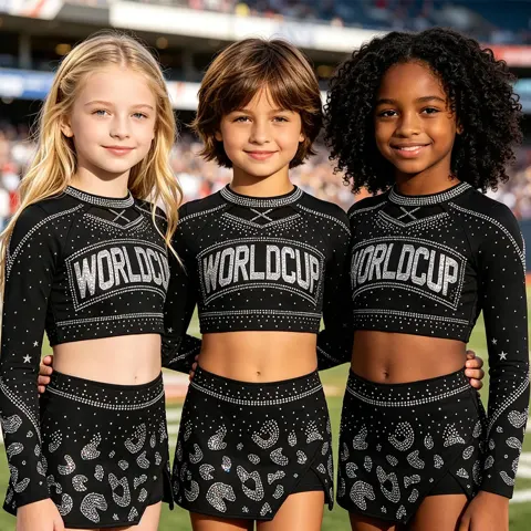 Girls Cheerleading Uniforms Long Sleeve Rhinestone Crop Top Skirt Black Silver Dance Team Competition Performance Outfits