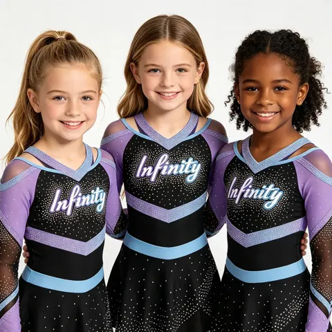 Girls Cheerleading Uniform Long Sleeve Rhinestone Leotard Skirt Purple Black Team Dance Performance Outfit Competitions