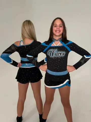 Girls Cheerleading Uniform Long Sleeve Rhinestone Leotard Skirt Black Blue White Team Dance Competition Outfit Sportswear