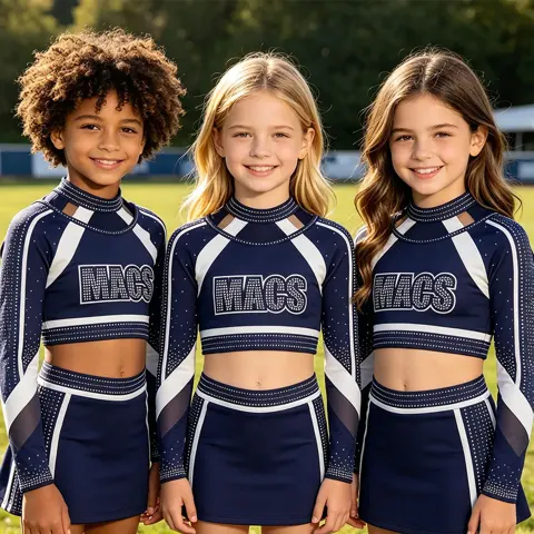Girls Cheerleading Uniform Long Sleeve Rhinestones Crop Top Skirt Navy Blue White Team Dance Performance Outfit for Competitions
