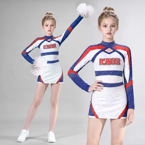 Girls Rhinestone Cheerleading Uniform Long Sleeve Crop Top Skirt Set Red White Blue Team Competition Performance Wear