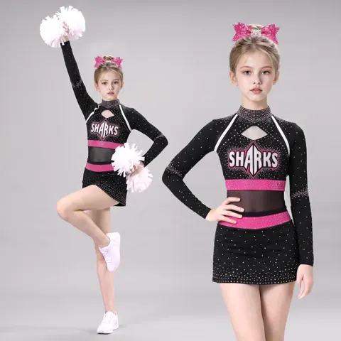 Kids Black Pink Rhinestone Cheerleading Uniform Long Sleeve Mesh Crop Top Skirt Girls Competition Team Performance Outfit