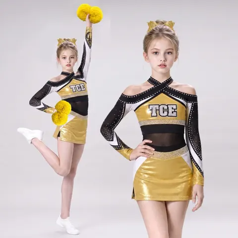 Kids Gold Black Rhinestone Cheerleading Uniform Long Sleeve Mesh Crop Top Skirt Team Performance Wear