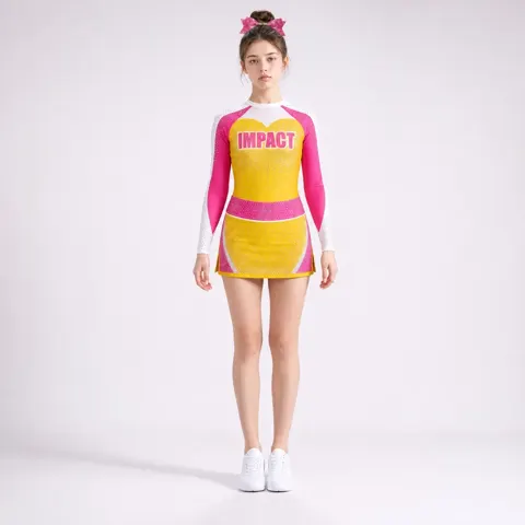 Kids Yellow Pink Rhinestone Cheerleading Uniform Long Sleeve Crop Top Skirt Team Performance Wear Set