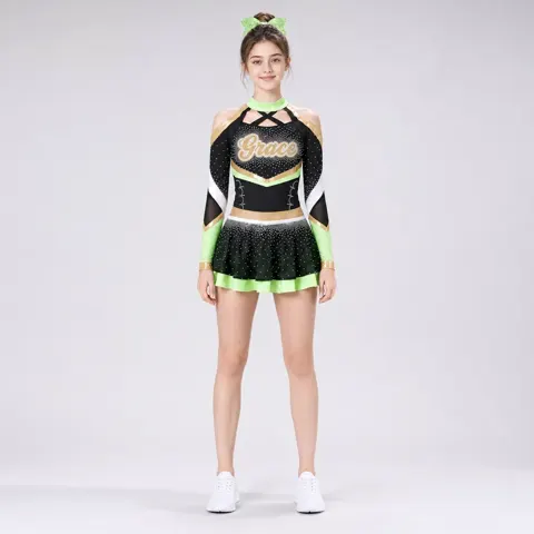 Kids Black Green Gold Rhinestone Cheer Uniform Long Sleeve Mesh Dress Team Competition Performance Wear