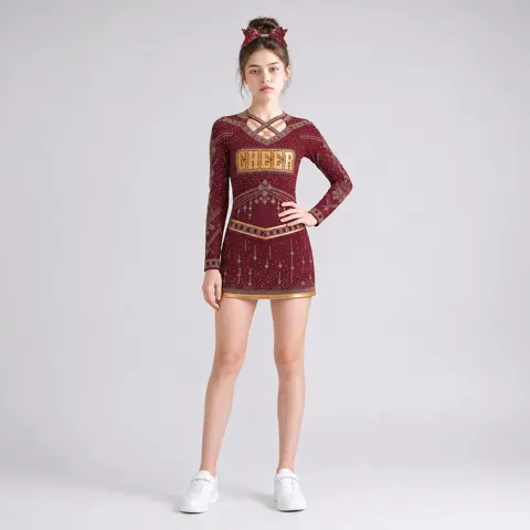 Kids Burgundy Gold Rhinestone Cheerleading Uniform Long Sleeve Cutout Top Skirt Team Performance Wear