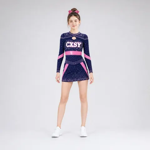 Kids Navy Pink Rhinestone Cheer Uniform Long Sleeve Cutout Dress Team Competition Performance Wear