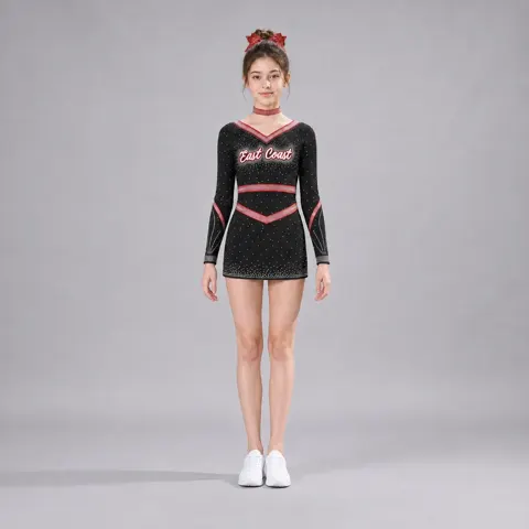 Kids Black Red Rhinestone Cheerleading Uniform Long Sleeve Dress Team Competition Performance Wear