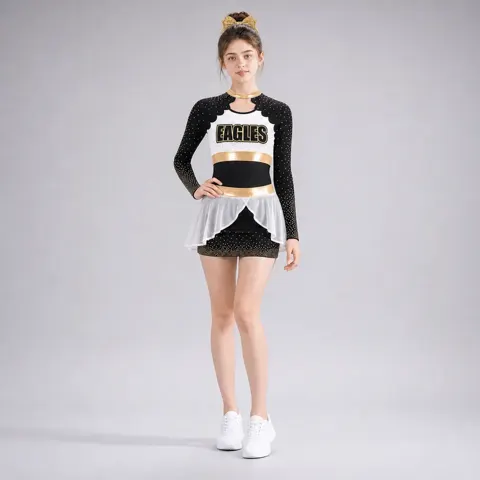 Kids Black Gold White Rhinestone Cheerleading Uniform Long Sleeve Cutout Dress Team Competition Wear
