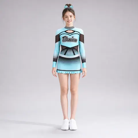 Kids Aqua Black Rhinestone Cheerleading Uniform Long Sleeve Mesh Dress Bulk Team Competition Performance Wear Set