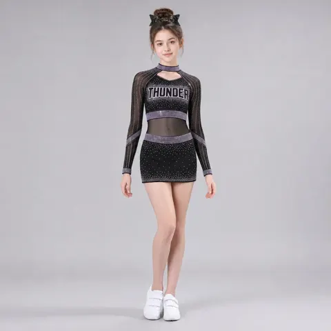 Kids Black Purple Rhinestone Cheerleading Uniform Long Sleeve Mesh Crop Top Skirt Team Performance Wear