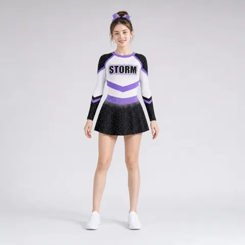 Kids Black Purple Rhinestone Cheerleading Uniform Long Sleeve Dress Team Competition Performance Wear