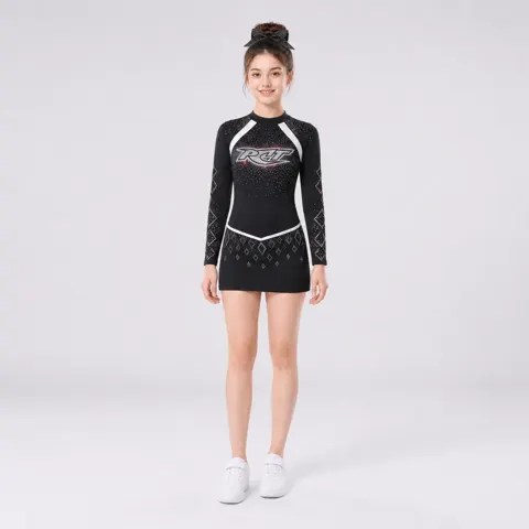 Women's Black White Rhinestone Cheerleading Uniform Long Sleeve Dress Team Competition Performance Wear