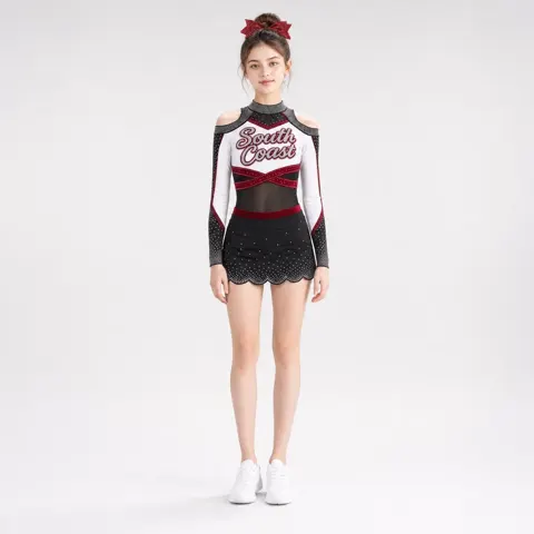 Kids Black White Red Rhinestone Cheerleading Uniform Long Sleeve Cold Shoulder Mesh Skirt Team Wear Set