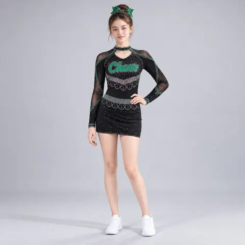 Girls Black Green Rhinestone Cheerleading Dress Long Sleeve Mesh Sparkle Competition Team Uniform