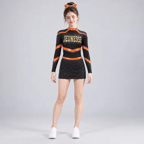 Girls Black Orange Rhinestone Cheerleading Dress Long Sleeve Sparkle Competition Team Uniform