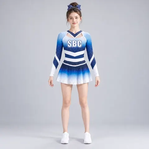 Girls Blue White Rhinestone Cheerleading Uniform Long Sleeve Gradient Crop Top Skirt Competition Team