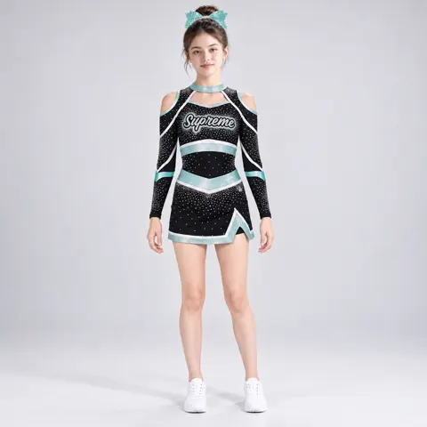 Girls Black Mint Rhinestone Cheerleading Uniform Long Sleeve Cold Shoulder Crop Top Skirt Competition Team