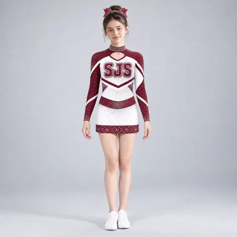 Girls Burgundy White Rhinestone Cheerleading Dress Long Sleeve Cutout Neck Competition Team Uniform