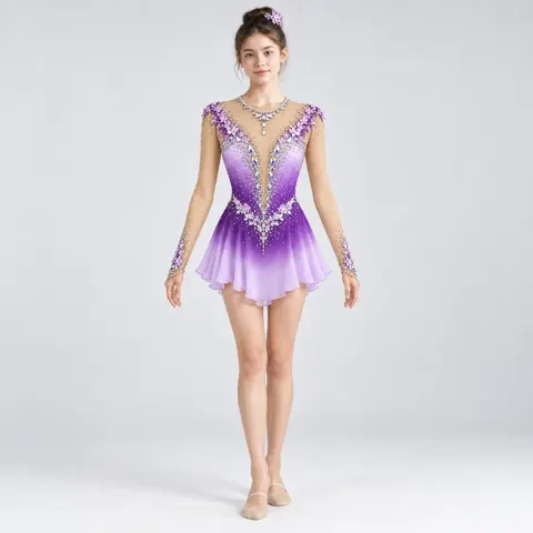 Girls Purple Rhinestone Rhythmic Gymnastics Dress Long Sleeve Nude Mesh Gradient Skirt Competition Leotard