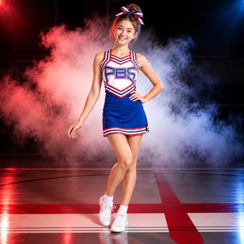 Girls Blue Red White Cheerleading Uniform Sleeveless V Neck Top Skirt Set Competition Team