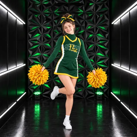 Girls Green Yellow Cheerleading Uniform Long Sleeve Skirt Set Team Competition Performance Outfits