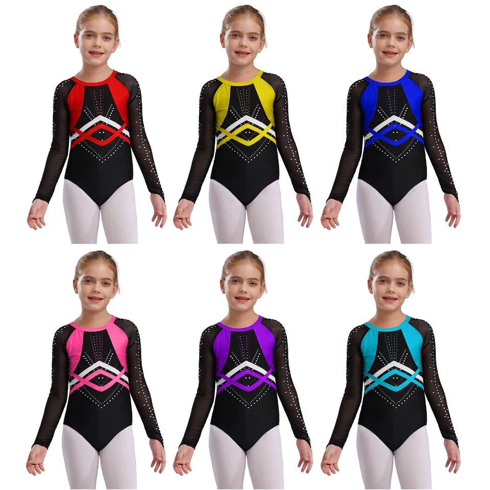 Kids Girls Ballet Dance Leotard Rhinestones Gymnastics Bodysuit Sheer Mesh Long Sleeve Patchwork Figure Skating Costume