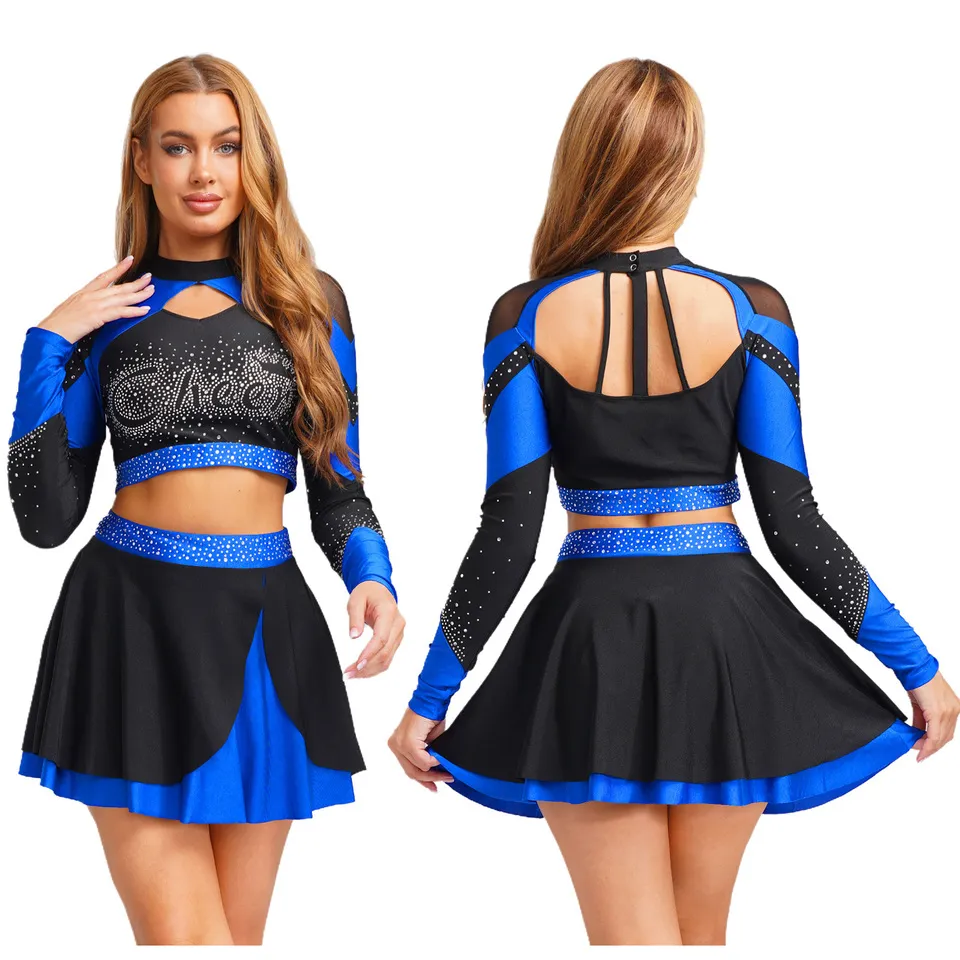 CHSALL Women's 100% Polyester Rhinestone Cheerleader Outfits Shiny Cheerleading Uniform Costume Long Sleeve Hollow Crop Top +