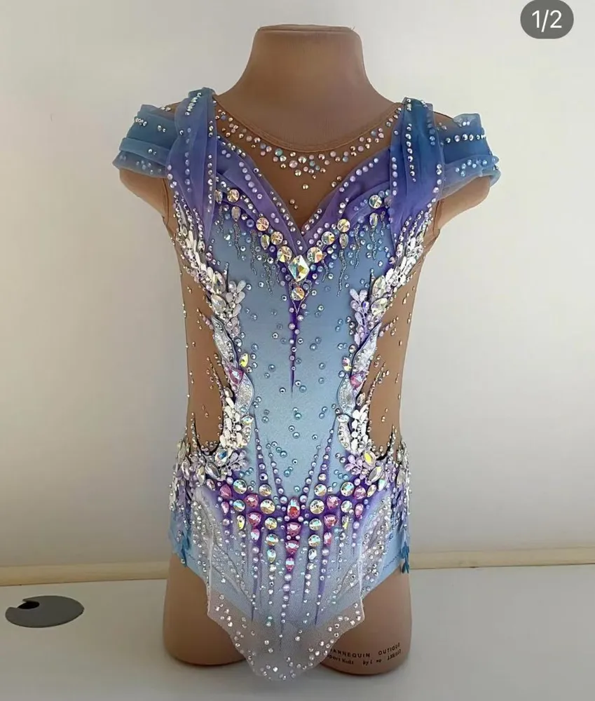 Rhythmic Gymnastics Leotards Girls Children Light Blue Spandex/Polyester Digital Print Dancewear Competition Unitards Artistics