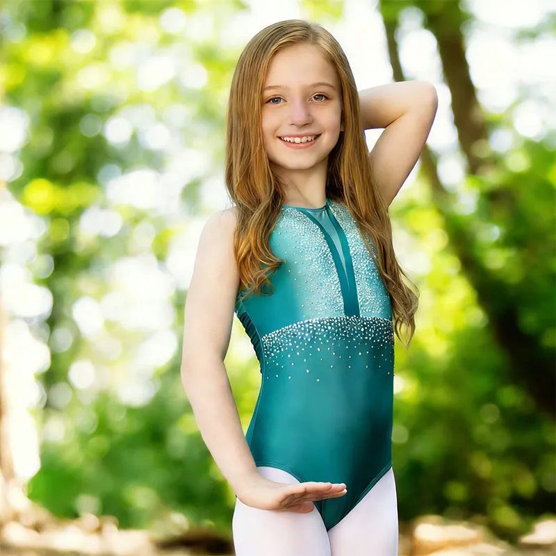 Hot Selling Sleeveless Sparkle Rhinestone Heat-Transfer Printed Nylon Spandex Design Logo Children's Gymnastics Dance