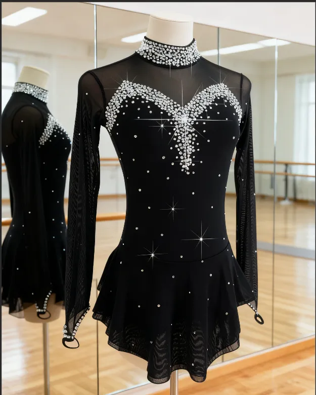Figure Skating Dress Women's Girls' Ice Black Collar Long Sleeve Competition Performance Clothing Rhythmic Gymnastics Kid