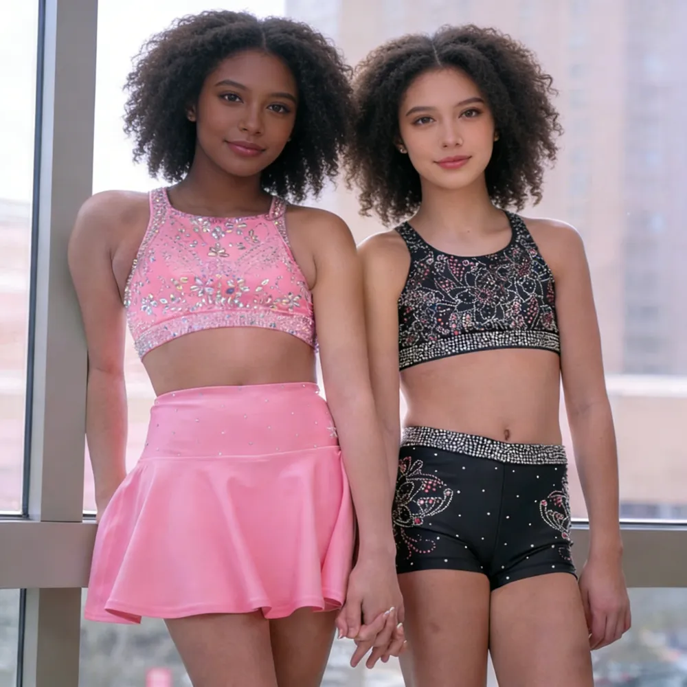 Cheerleading Uniform Set Rhinestone Embellished Halter Top with Skirt Shorts for Cheer practice ware