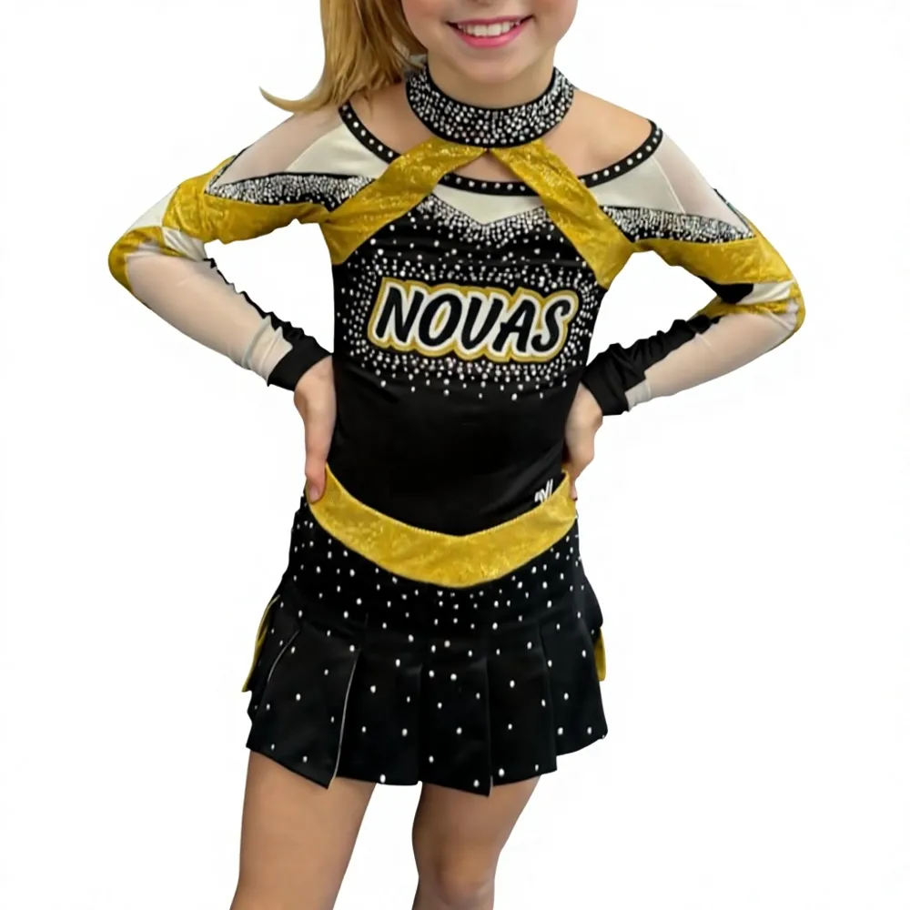 Uniform Professional Children Cheerleading Uniform White, Yellow and Black for Competition – photo 6
